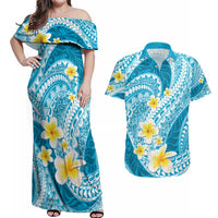 Plumeria Polynesian Sky Blue Glitter Pattern Couples Matching Off Shoulder Maxi Dress and Hawaiian Shirt LT01 Sky Blue - Polynesian Pride
