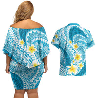 Plumeria Polynesian Sky Blue Glitter Pattern Couples Matching Off Shoulder Short Dress and Hawaiian Shirt LT01 - Polynesian Pride