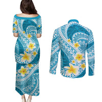 Plumeria Polynesian Sky Blue Glitter Pattern Couples Matching Puletasi and Long Sleeve Button Shirt LT01 - Polynesian Pride