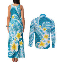 Plumeria Polynesian Sky Blue Glitter Pattern Couples Matching Tank Maxi Dress and Long Sleeve Button Shirt LT01 - Polynesian Pride