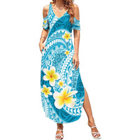 Plumeria Polynesian Sky Blue Glitter Pattern Family Matching Summer Maxi Dress and Hawaiian Shirt LT01 Mom's Dress Sky Blue - Polynesian Pride