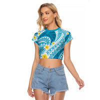Plumeria Polynesian Sky Blue Glitter Pattern Raglan Cropped T Shirt LT01 Female Sky Blue - Polynesian Pride