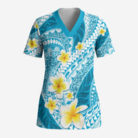 Plumeria Polynesian Sky Blue Glitter Pattern Scrub Top LT01 Adult Sky Blue - Polynesian Pride