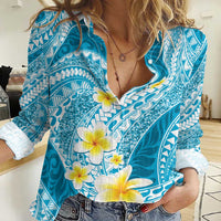 Plumeria Polynesian Sky Blue Glitter Pattern Women Casual Shirt