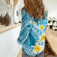 Plumeria Polynesian Sky Blue Glitter Pattern Women Casual Shirt
