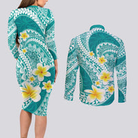 Plumeria Polynesian Teal Glitter Pattern Couples Matching Long Sleeve Bodycon Dress and Long Sleeve Button Shirt LT01 - Polynesian Pride