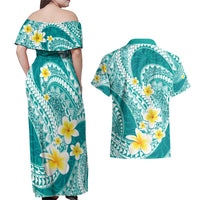 Plumeria Polynesian Teal Glitter Pattern Couples Matching Off Shoulder Maxi Dress and Hawaiian Shirt LT01 - Polynesian Pride