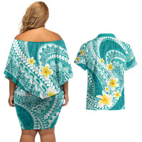 Plumeria Polynesian Teal Glitter Pattern Couples Matching Off Shoulder Short Dress and Hawaiian Shirt LT01 - Polynesian Pride