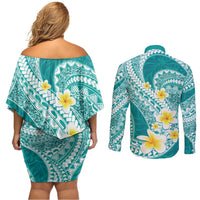 Plumeria Polynesian Teal Glitter Pattern Couples Matching Off Shoulder Short Dress and Long Sleeve Button Shirt LT01 - Polynesian Pride