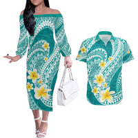 Plumeria Polynesian Teal Glitter Pattern Couples Matching Off The Shoulder Long Sleeve Dress and Hawaiian Shirt LT01 Teal - Polynesian Pride