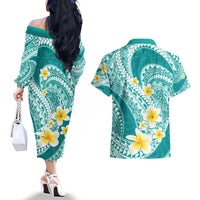 Plumeria Polynesian Teal Glitter Pattern Couples Matching Off The Shoulder Long Sleeve Dress and Hawaiian Shirt LT01 - Polynesian Pride