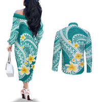 Plumeria Polynesian Teal Glitter Pattern Couples Matching Off The Shoulder Long Sleeve Dress and Long Sleeve Button Shirt LT01 - Polynesian Pride