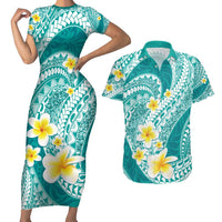 Plumeria Polynesian Teal Glitter Pattern Couples Matching Short Sleeve Bodycon Dress and Hawaiian Shirt LT01 Teal - Polynesian Pride