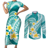 Plumeria Polynesian Teal Glitter Pattern Couples Matching Short Sleeve Bodycon Dress and Long Sleeve Button Shirt LT01 Teal - Polynesian Pride