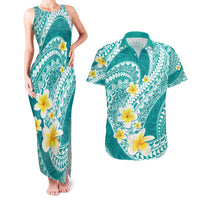Plumeria Polynesian Teal Glitter Pattern Couples Matching Tank Maxi Dress and Hawaiian Shirt LT01 Teal - Polynesian Pride