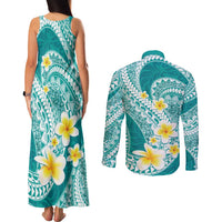 Plumeria Polynesian Teal Glitter Pattern Couples Matching Tank Maxi Dress and Long Sleeve Button Shirt LT01 - Polynesian Pride