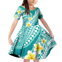 Plumeria Polynesian Teal Glitter Pattern Family Matching Off Shoulder Short Dress and Hawaiian Shirt LT01 Daughter's Dress Teal - Polynesian Pride
