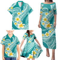 Plumeria Polynesian Teal Glitter Pattern Family Matching Puletasi and Hawaiian Shirt LT01 - Polynesian Pride