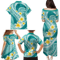 Plumeria Polynesian Teal Glitter Pattern Family Matching Puletasi and Hawaiian Shirt LT01 - Polynesian Pride