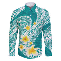 Plumeria Polynesian Teal Glitter Pattern Family Matching Puletasi and Hawaiian Shirt LT01 Dad's Shirt - Long Sleeve Teal - Polynesian Pride