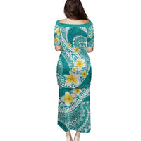 Plumeria Polynesian Teal Glitter Pattern Family Matching Puletasi and Hawaiian Shirt LT01 - Polynesian Pride