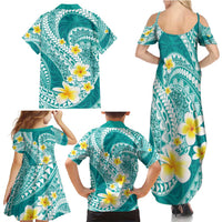 Plumeria Polynesian Teal Glitter Pattern Family Matching Summer Maxi Dress and Hawaiian Shirt LT01 - Polynesian Pride