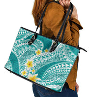 Plumeria Polynesian Teal Glitter Pattern Leather Tote Bag LT01 - Polynesian Pride