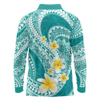 Plumeria Polynesian Teal Glitter Pattern Long Sleeve Polo Shirt