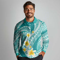 Plumeria Polynesian Teal Glitter Pattern Long Sleeve Polo Shirt