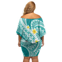 Plumeria Polynesian Teal Glitter Pattern Off Shoulder Short Dress LT01 - Polynesian Pride