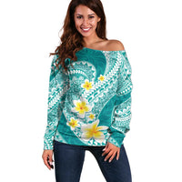 Plumeria Polynesian Teal Glitter Pattern Off Shoulder Sweater