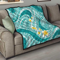 Plumeria Polynesian Teal Glitter Pattern Quilt