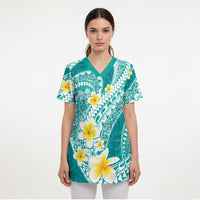 Plumeria Polynesian Teal Glitter Pattern Scrub Top LT01 - Polynesian Pride