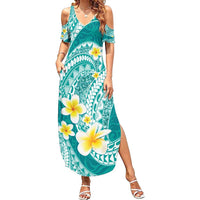 Plumeria Polynesian Teal Glitter Pattern Summer Maxi Dress LT01 Women Teal - Polynesian Pride