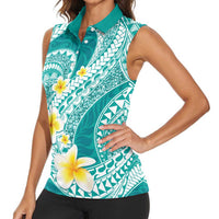 Plumeria Polynesian Teal Glitter Pattern Women Sleeveless Polo Shirt