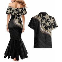 Beige Polynesian Starfish Unique Pattern Couples Matching Mermaid Dress and Hawaiian Shirt LT01 - Polynesian Pride
