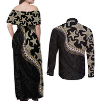 Beige Polynesian Starfish Unique Pattern Couples Matching Off Shoulder Maxi Dress and Long Sleeve Button Shirt LT01 - Polynesian Pride