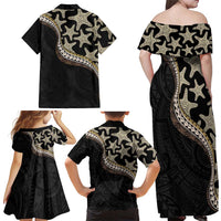 Beige Polynesian Starfish Unique Pattern Family Matching Off Shoulder Maxi Dress and Hawaiian Shirt LT01 - Polynesian Pride