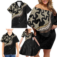 Beige Polynesian Starfish Unique Pattern Family Matching Off Shoulder Short Dress and Hawaiian Shirt LT01 - Polynesian Pride