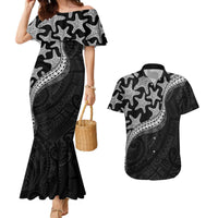Monotone Polynesian Starfish Unique Pattern Couples Matching Mermaid Dress and Hawaiian Shirt LT01 Black - Polynesian Pride