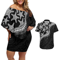 Monotone Polynesian Starfish Unique Pattern Couples Matching Off Shoulder Short Dress and Hawaiian Shirt LT01 Black - Polynesian Pride