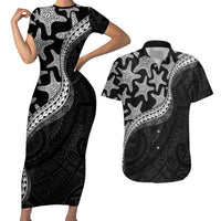 Monotone Polynesian Starfish Unique Pattern Couples Matching Short Sleeve Bodycon Dress and Hawaiian Shirt LT01 Black - Polynesian Pride