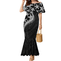 Monotone Polynesian Starfish Unique Pattern Family Matching Mermaid Dress and Hawaiian Shirt LT01 Mom's Dress Black - Polynesian Pride