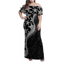 Monotone Polynesian Starfish Unique Pattern Family Matching Off Shoulder Maxi Dress and Hawaiian Shirt LT01 Mom's Dress Black - Polynesian Pride
