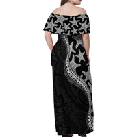 Monotone Polynesian Starfish Unique Pattern Family Matching Off Shoulder Maxi Dress and Hawaiian Shirt LT01 - Polynesian Pride