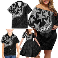 Monotone Polynesian Starfish Unique Pattern Family Matching Off Shoulder Short Dress and Hawaiian Shirt LT01 - Polynesian Pride