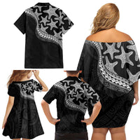 Monotone Polynesian Starfish Unique Pattern Family Matching Off Shoulder Short Dress and Hawaiian Shirt LT01 - Polynesian Pride