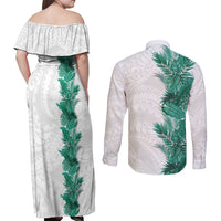 Hawaii Tropical Leaves Couples Matching Off Shoulder Maxi Dress and Long Sleeve Button Shirt Polynesian Pattern LT01 - Polynesian Pride