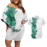 Hawaii Tropical Leaves Couples Matching Off Shoulder Short Dress and Hawaiian Shirt Polynesian Pattern LT01 White - Polynesian Pride