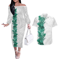 Hawaii Tropical Leaves Couples Matching Off The Shoulder Long Sleeve Dress and Hawaiian Shirt Polynesian Pattern LT01 White - Polynesian Pride